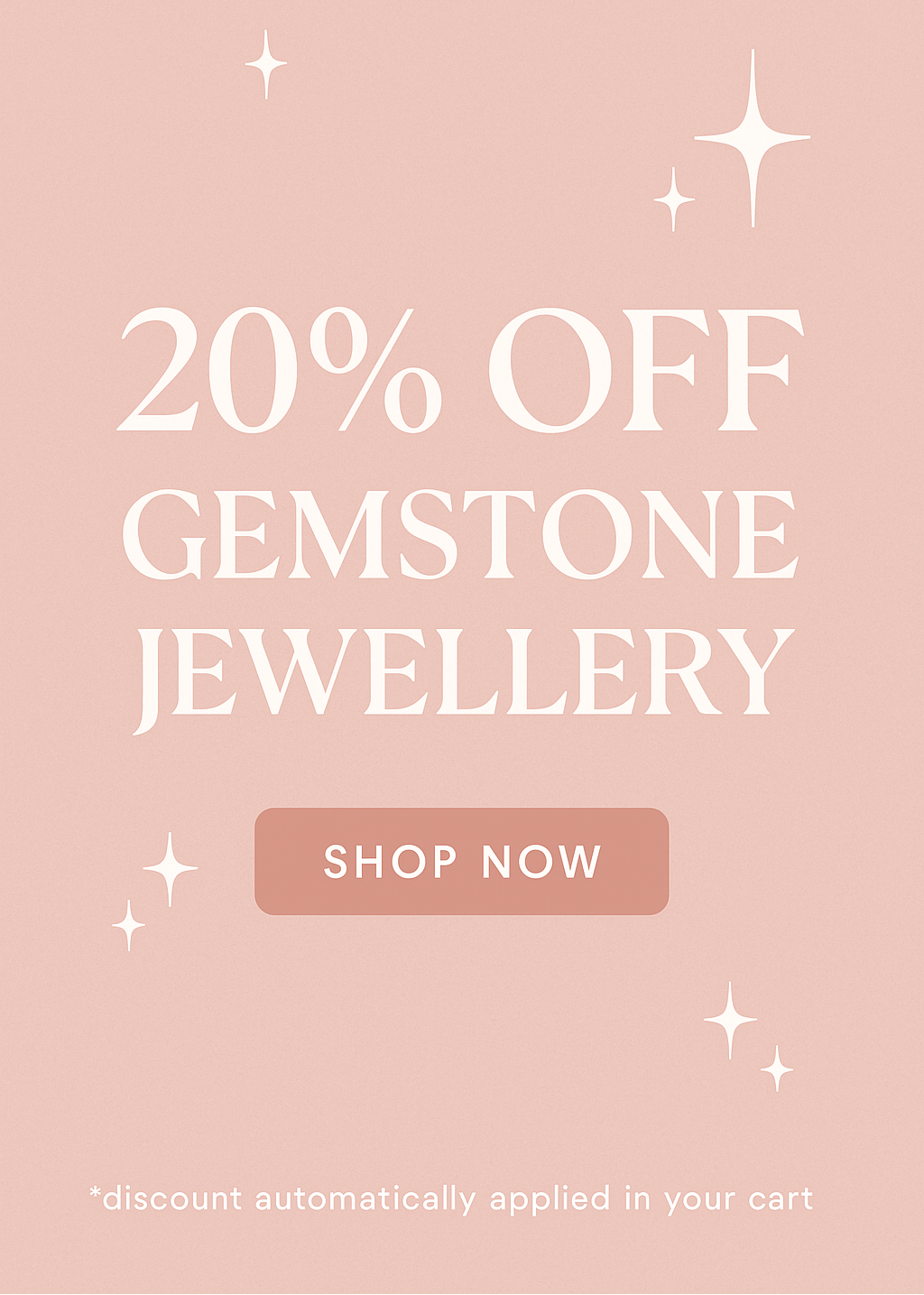Promotional banner with '20% off gemstone jewellery' text on a pink background with star decorations.