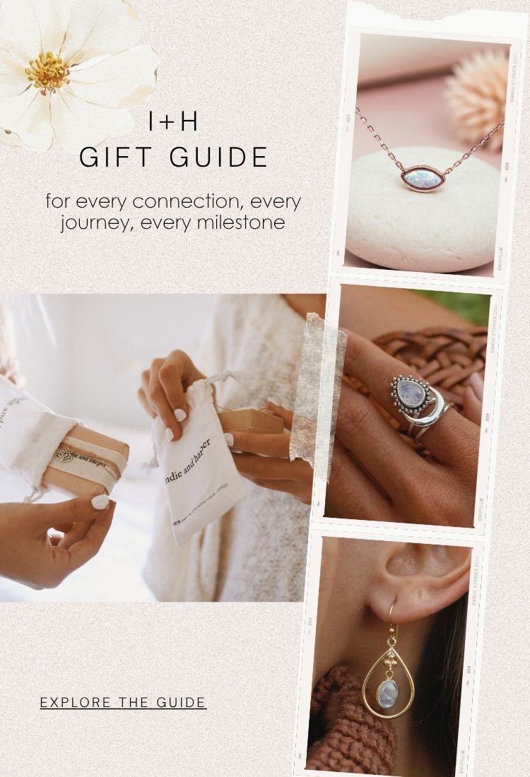 Gift guide for jewelry with images of necklaces, earrings, and watches on a light pink background.