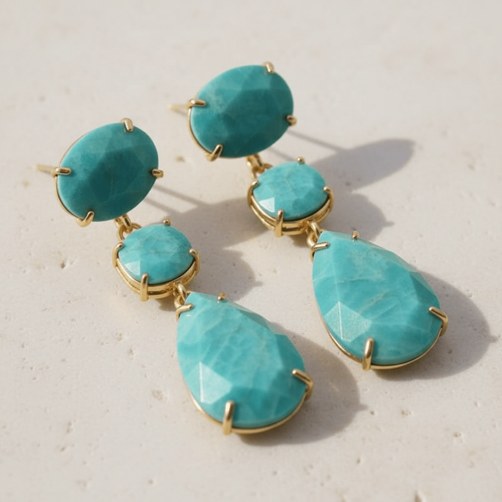Amazonite teardrop earrings with gold accents on a wooden surface
