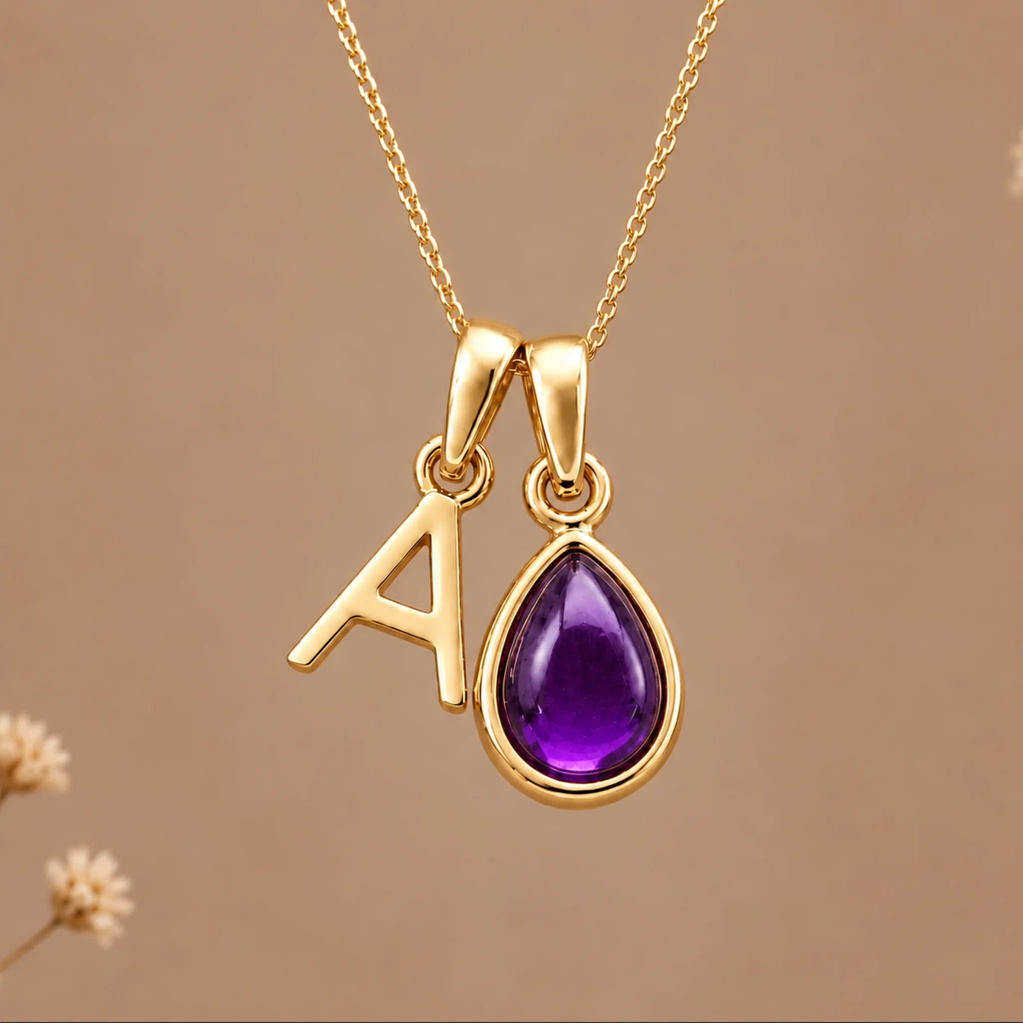 Gold initial A necklace with a natural February amethyst