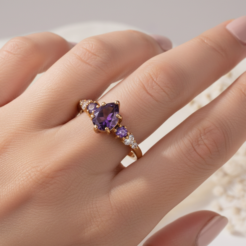 Ring with purple gemstone on a hand against a neutral background
