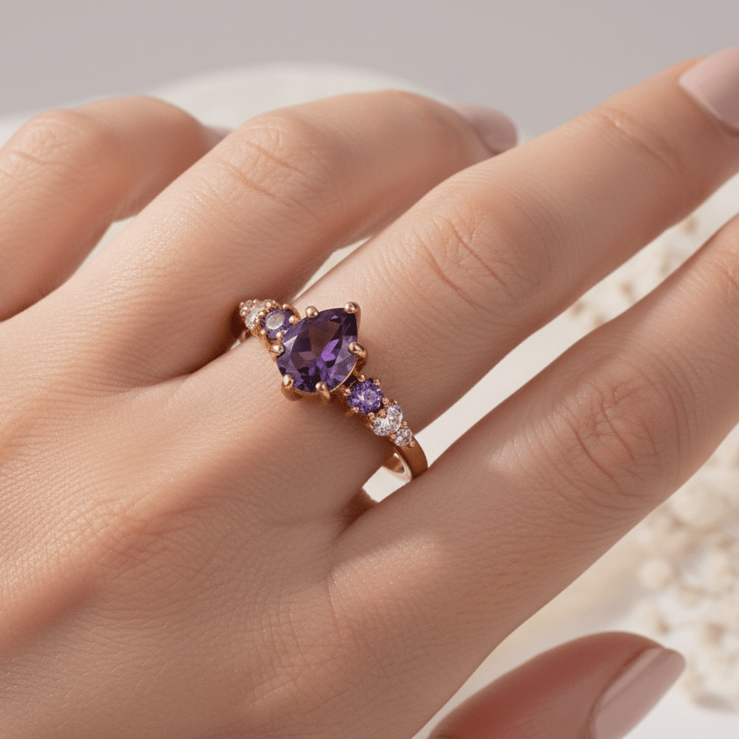 Ring with purple gemstone on a hand against a neutral background