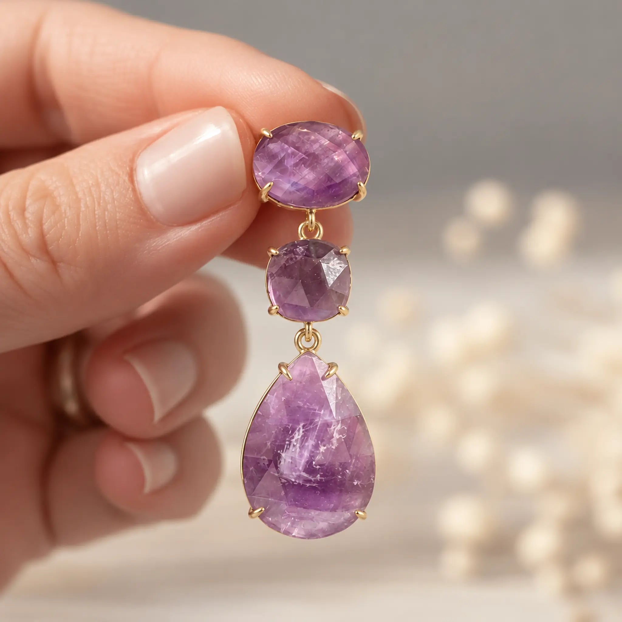 Gold amethyst drop earring held between fingers, showing the gold claw settings and natural stone inclusions.