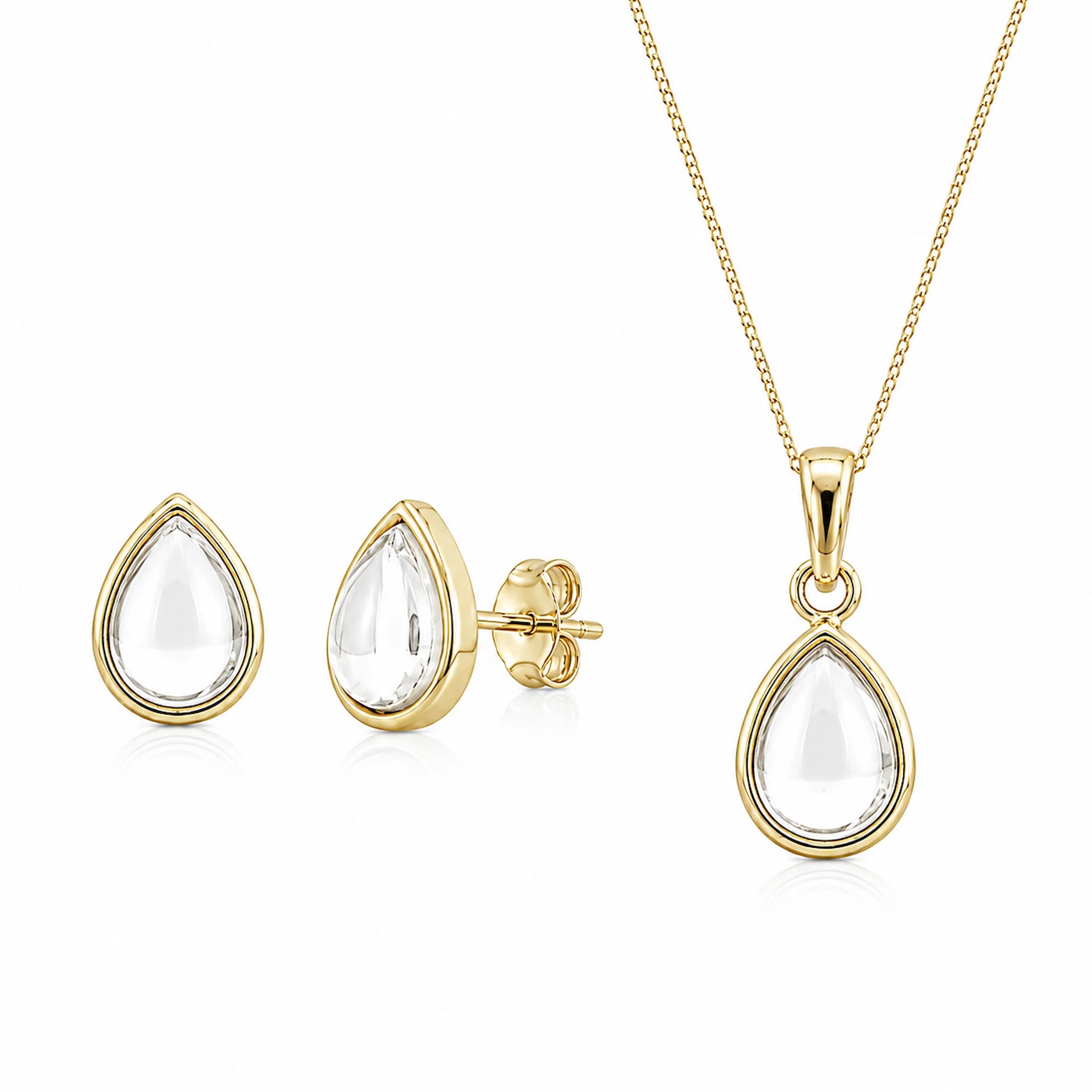 Gold April Birthstone Jewellery set featuring Clear Quartz Stud Earrings and matching Clear Quartz pendant necklace with a white background