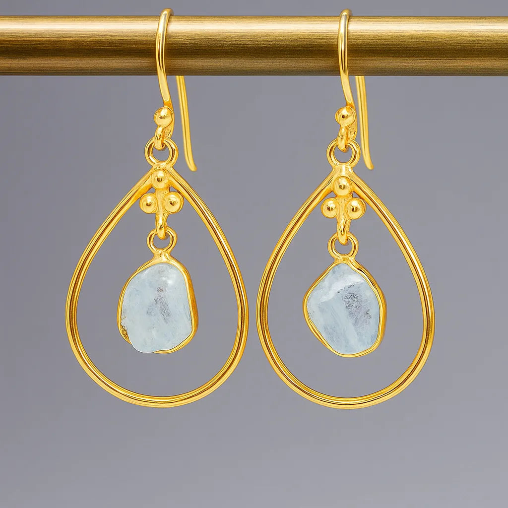 gold raw aquamarine earrings by indie and harper jewellery australia
