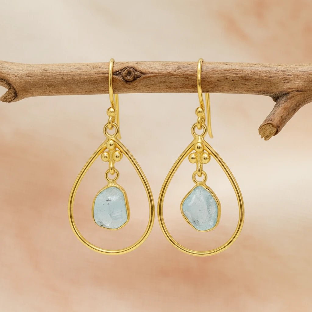 gold raw aquamarine earrings by indie and harper jewellery australia
