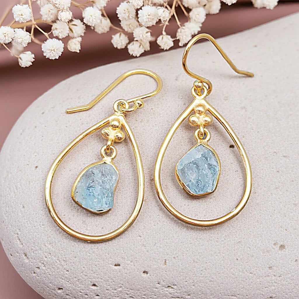 gold french hoop earrings with raw aquamarine gemstone