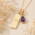 Gold necklace with a teardrop february birthstone natural amethyst pendant and engraved aquarius glyph tag on a beige background with dried flowers.