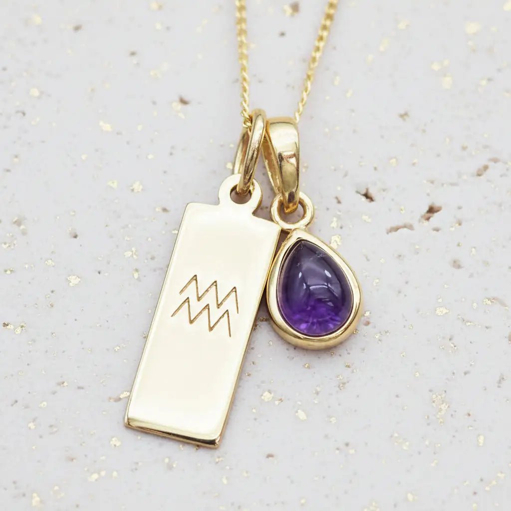 Gold Zodiac Aquarius and february Birthstone amethyst Necklace