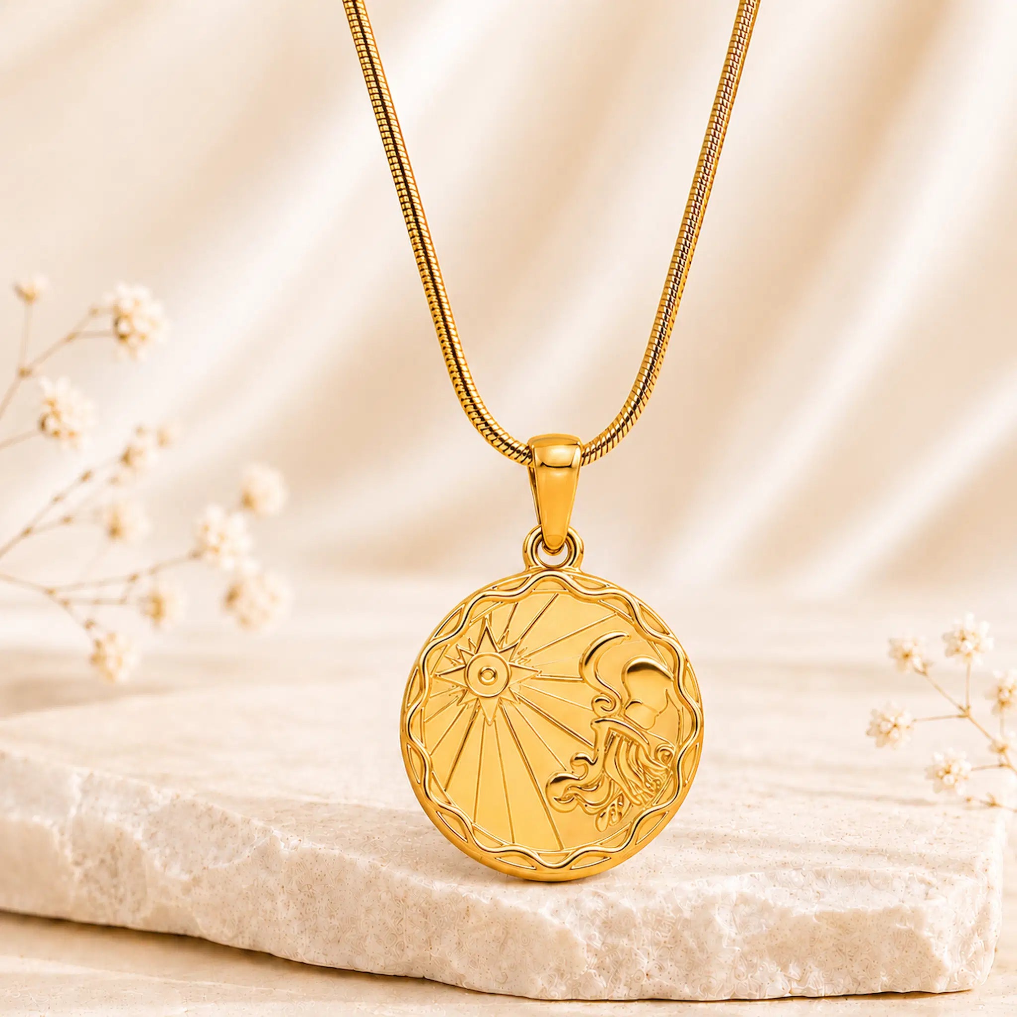 A gold aquarius zodiac sign pendant necklace, displayed on a textured stone slab with soft cream fabric in the background.
