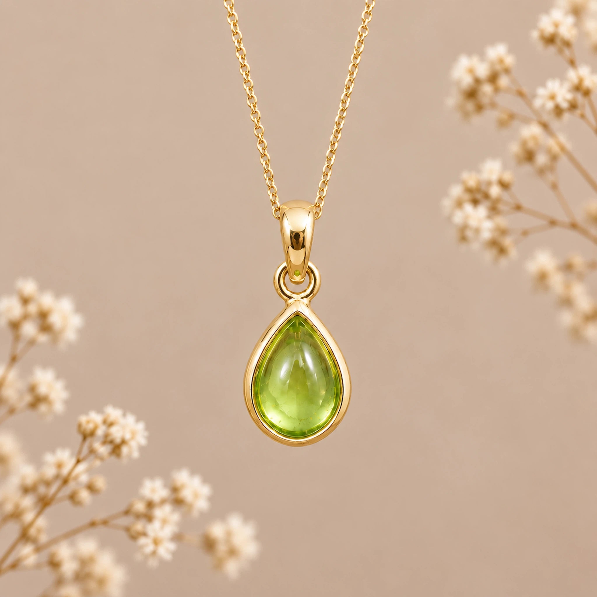 A gold august birthstone necklace featuring a teardrop pendant with a polished green natural peridot gemstone, suspended from a delicate gold chain against a warm beige background with soft white dried flowers.