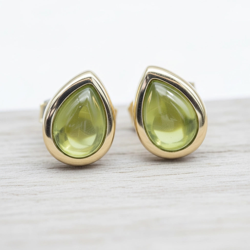 Gold stud earrings with green peridot teardrop stones on a light wooden surface