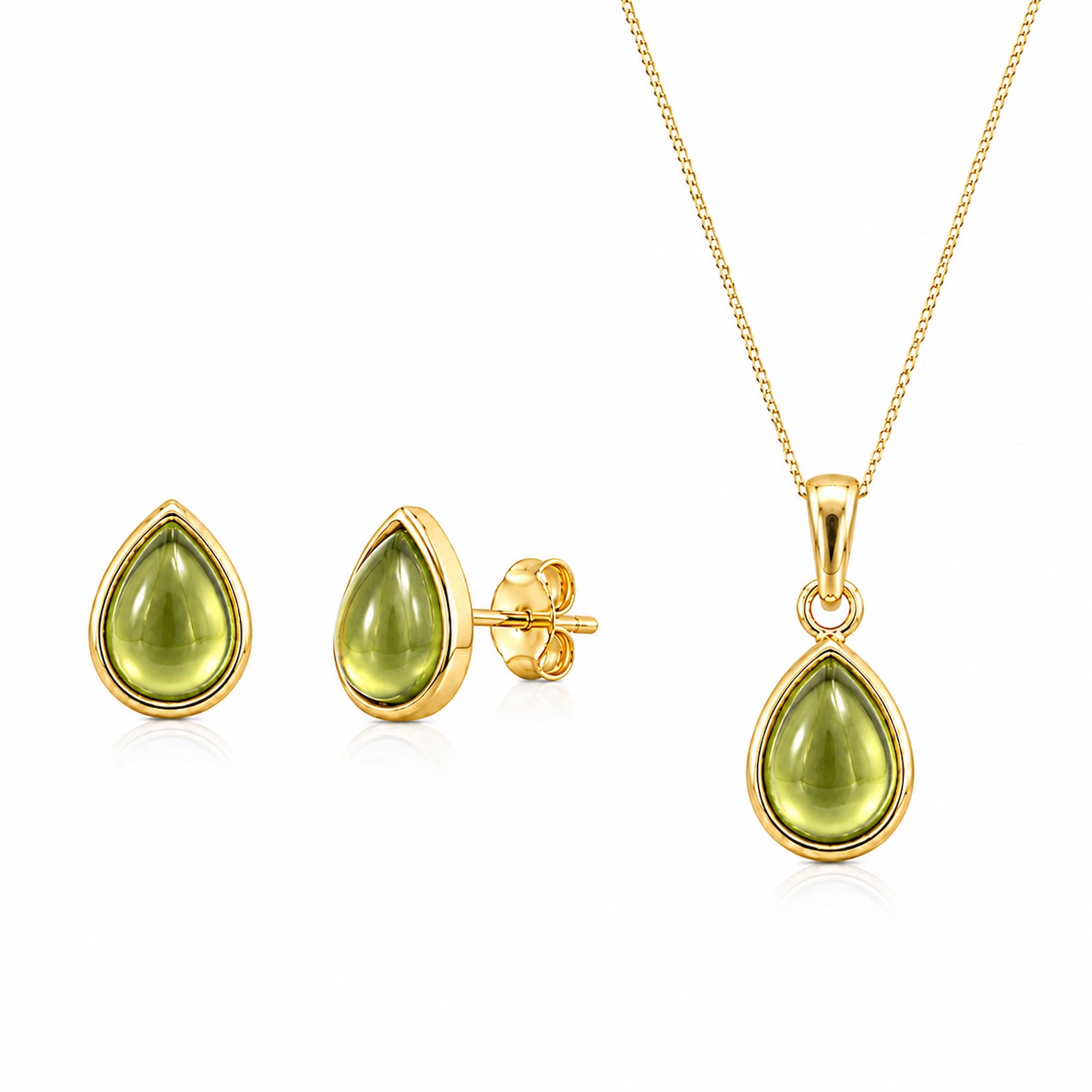 Gold August Birthstone Peridot Jewellery Set featuring natural peridot earrings and matching peridot necklace.