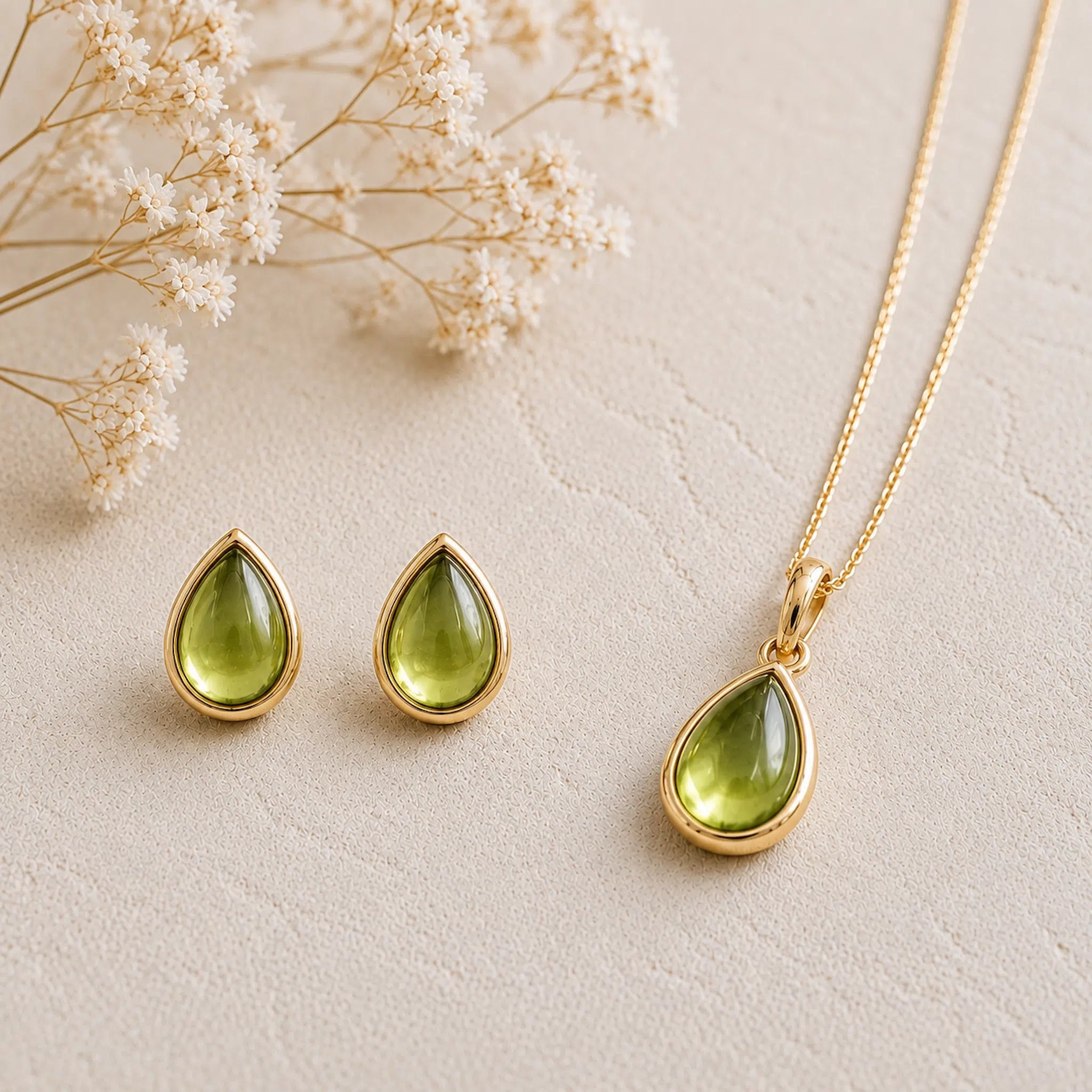 Gold August Birthstone Peridot Jewellery Set featuring natural peridot earrings and matching peridot necklace.