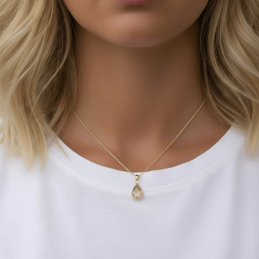 indie and harper gold august birthstone peridot necklace being worn