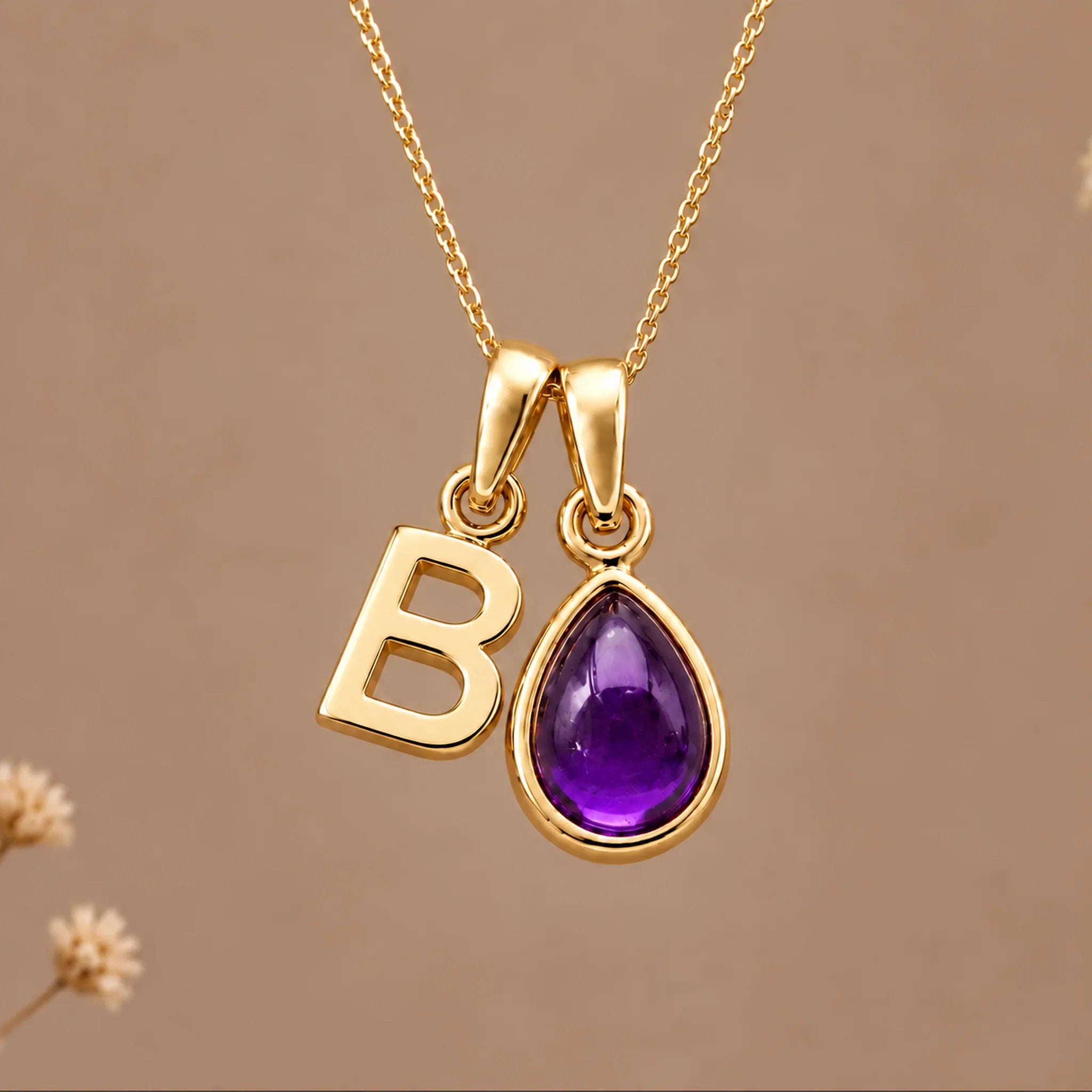 Gold initial B necklace with a natural February amethyst