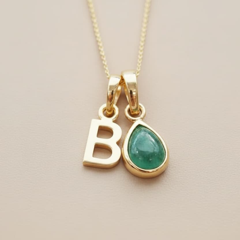 Gold Initial and May Birthstone Emerald Necklace