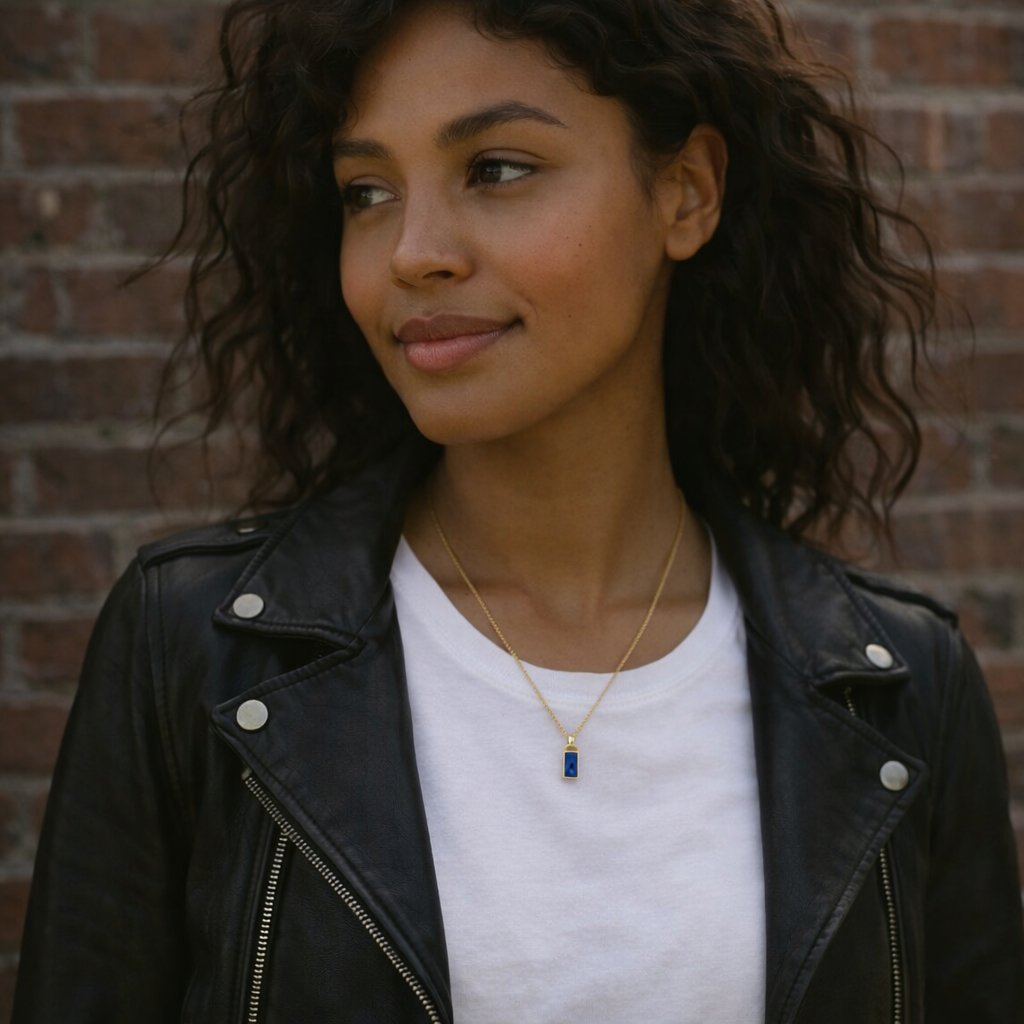 Woman with dark hair wearing a gold necklace with a dark blue crystal