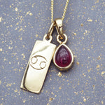 gold chain with a gold Zodiac Cancer symbol pendant and gold ruby pendant on a organic background