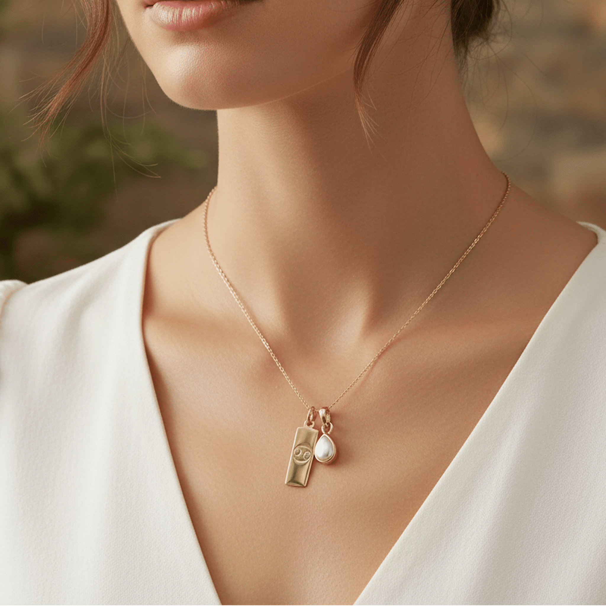 gold necklace with a tear drop shaped june birthstone pearl pendant and a cancer zodiac pendant being worn