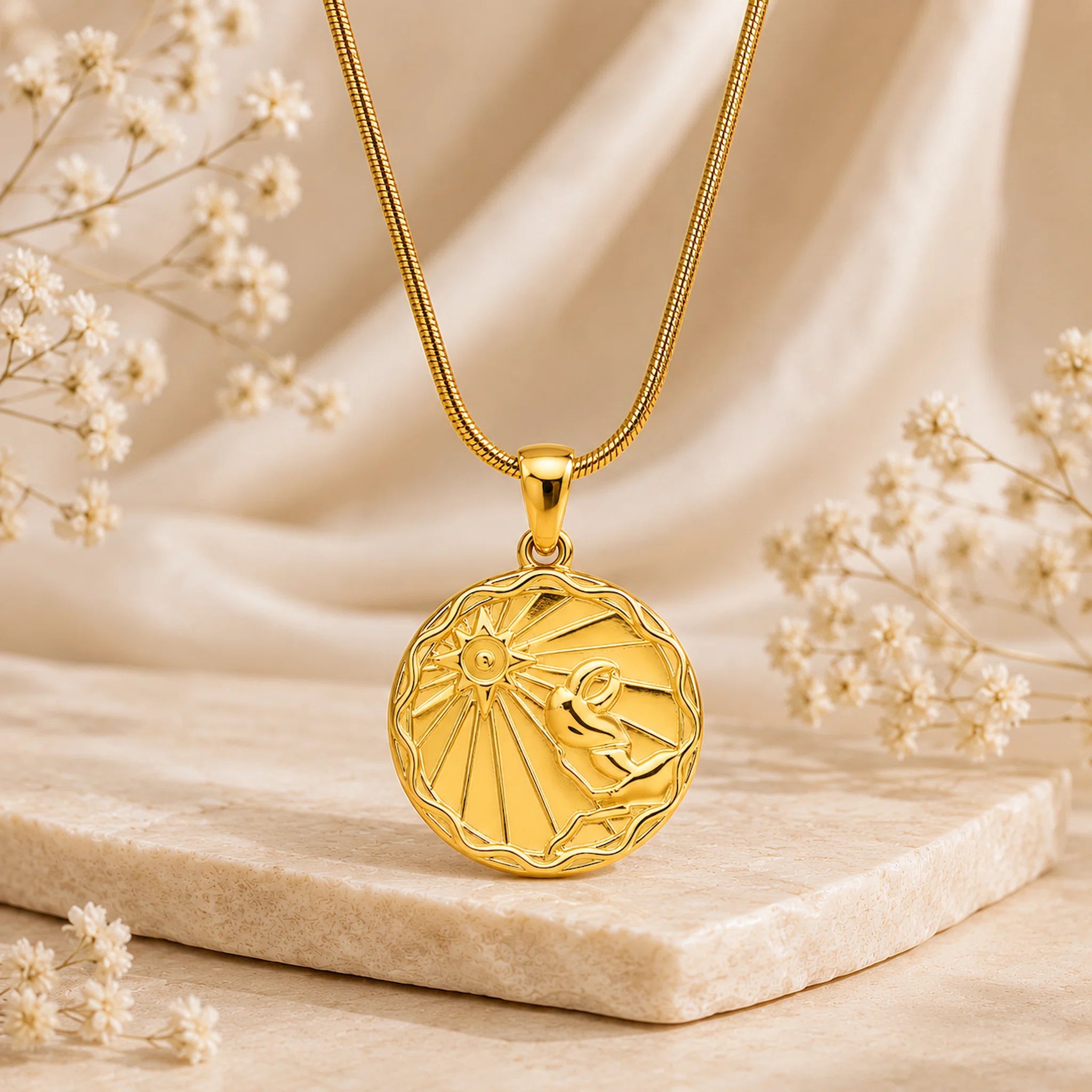 A gold pendant necklace with a circular cancer zodiac sign design, resting on a textured stone with soft dried flowers in a warm, neutral setting.