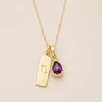 gold necklace with a teardrop-shaped january birthstone natural garnet gemstone pendant and a rectangle pendant with capricorn line glyph on a light background