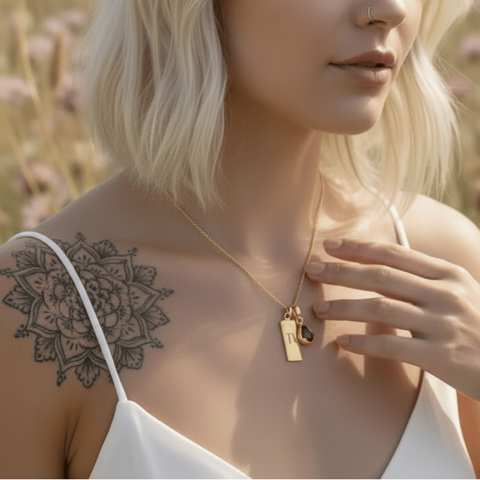 woman with blonde hair wearing a gold capricorn zodiac and january birthstone garnet necklace in a field of flowers
