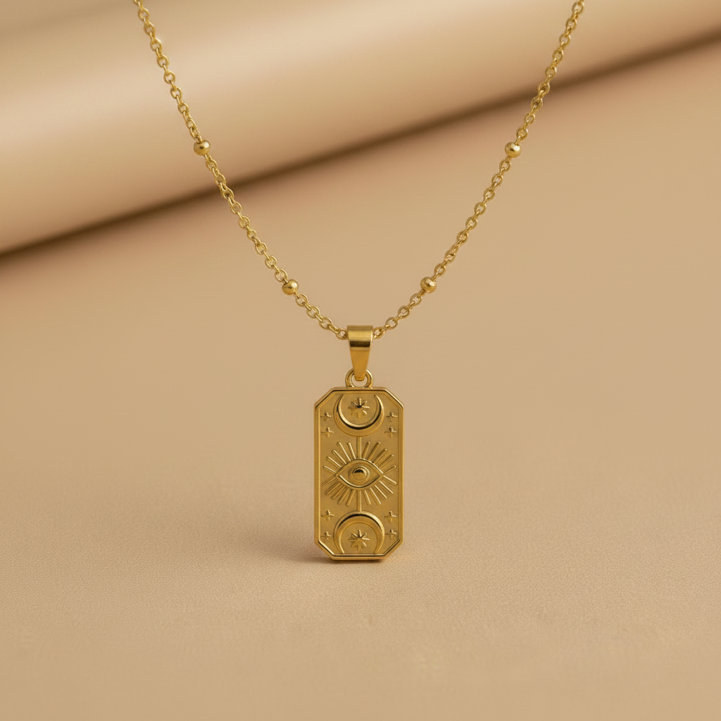 gold celestial necklace hanging