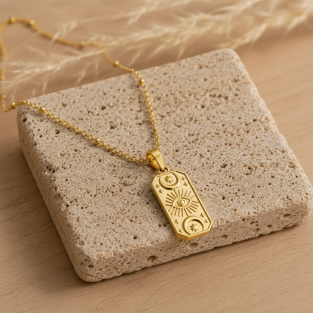 Indie and Harper pendant necklace with a gold-tone celestial charm on a delicate chain