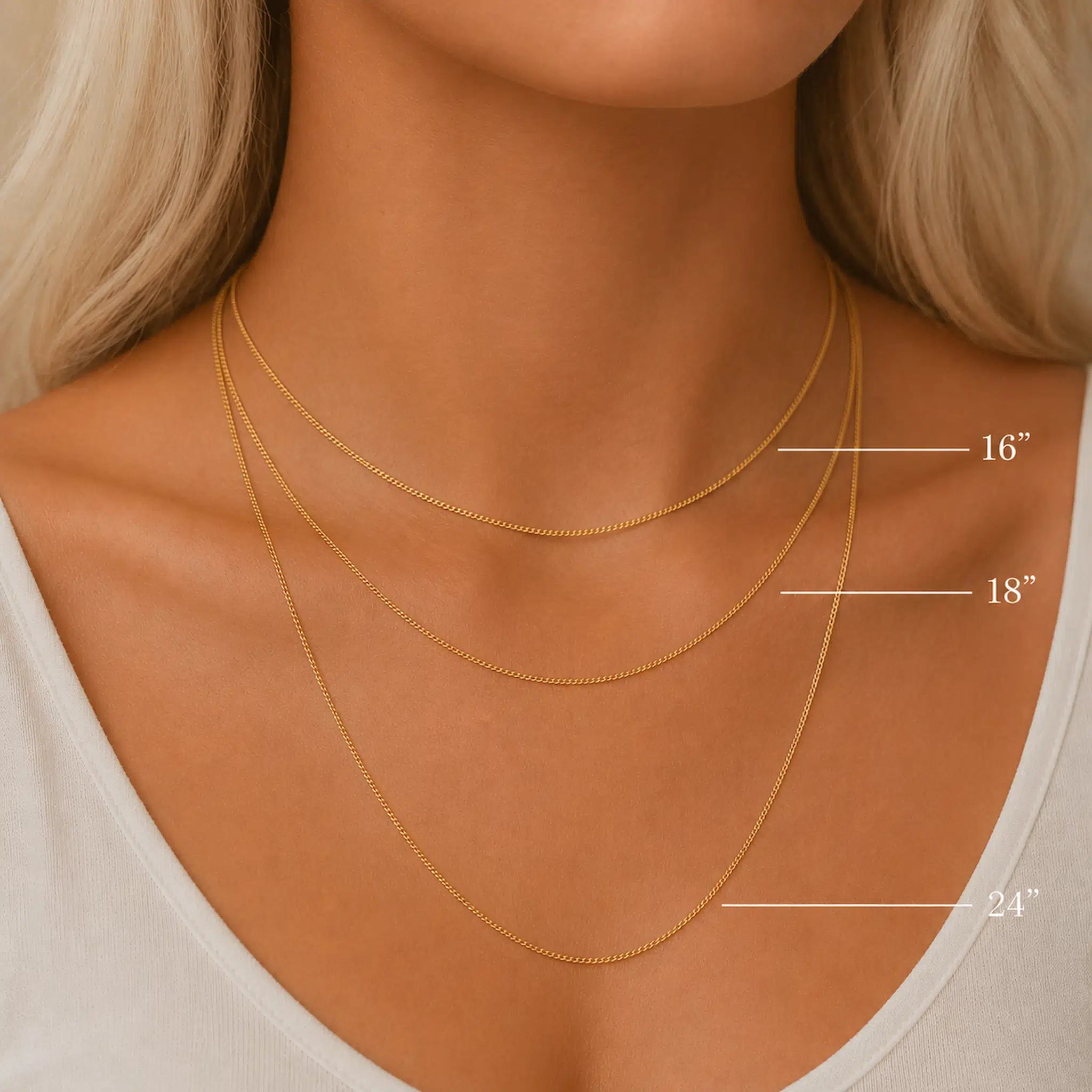 image of a woman wearing 16 inch, 18 inch and 24 inch gold chain necklaces with text overlay to show sizes