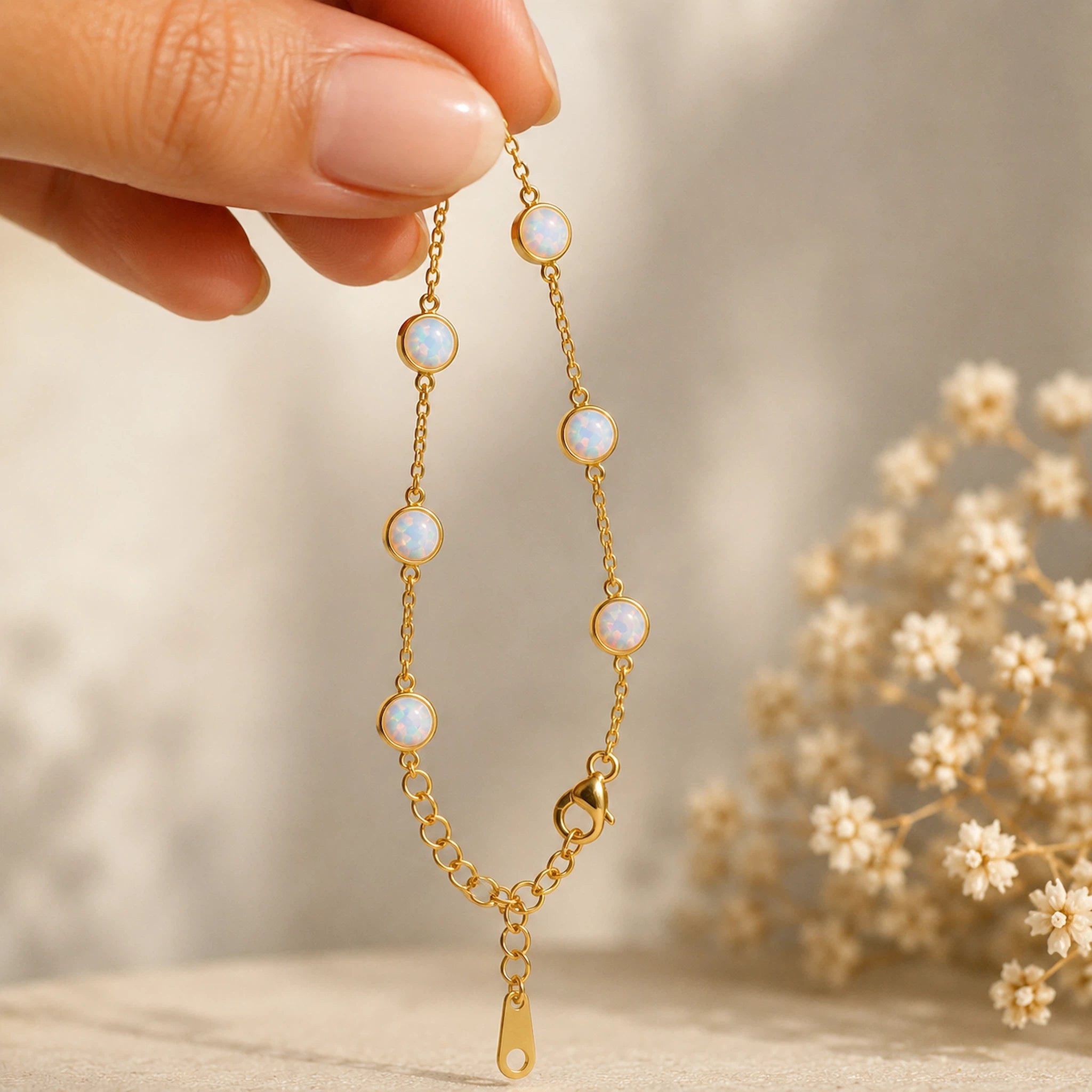 dainty gold chain bracelet with bezel set white opals being held