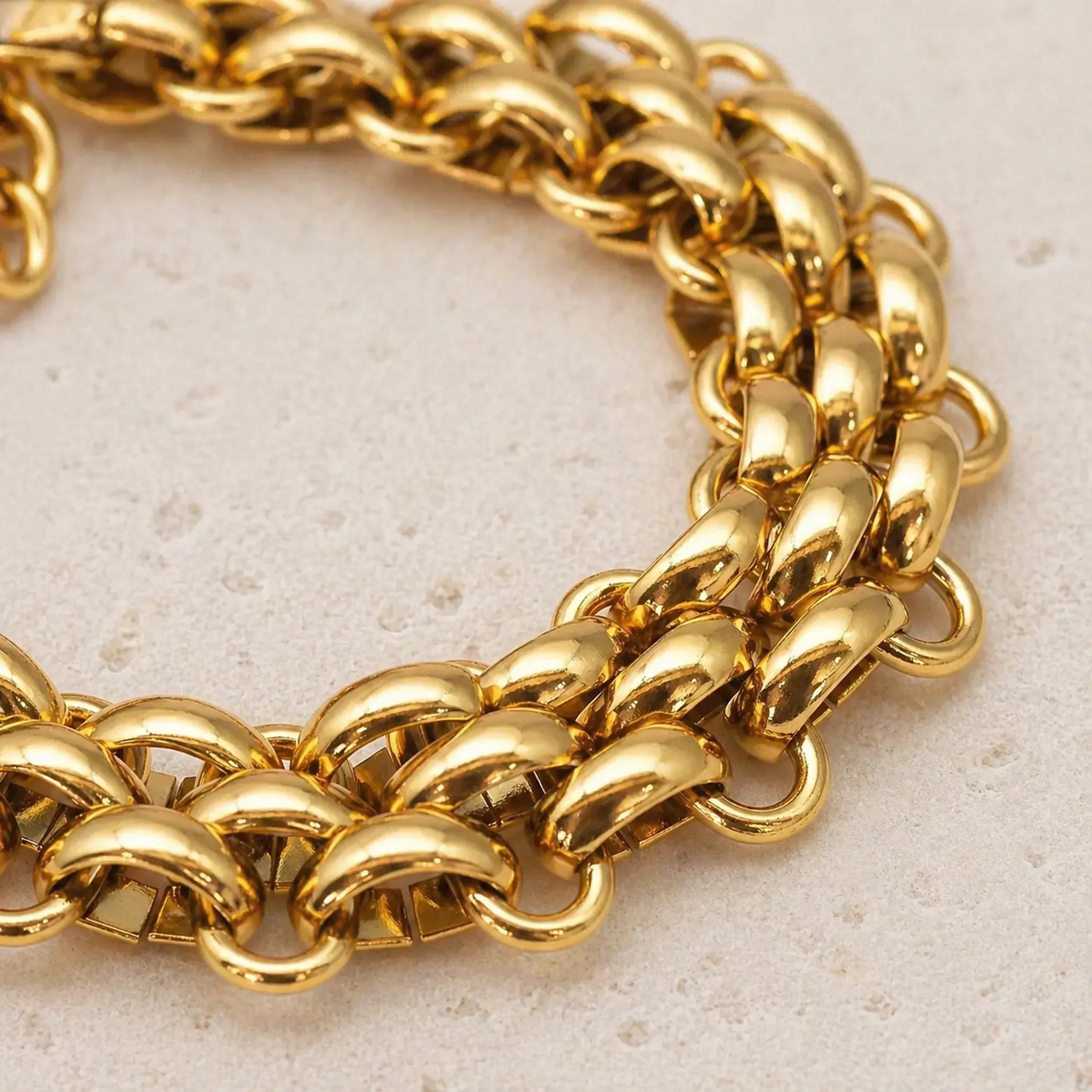close up of a waterproof gold chunky chain bracelet
