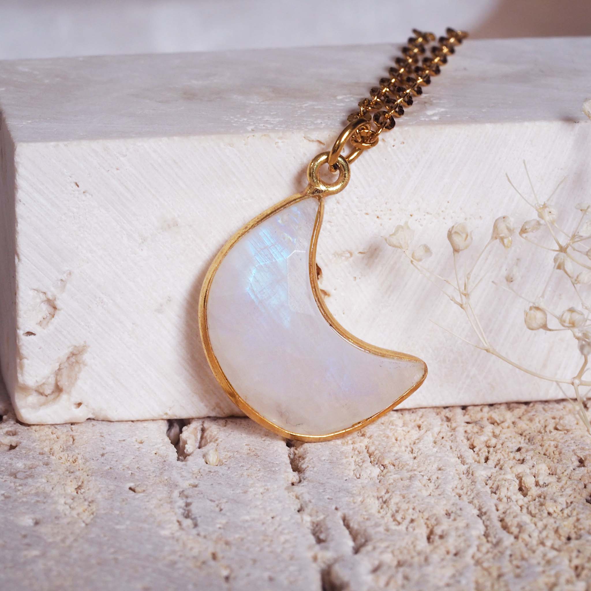 gold plated chain with a crescent moon shaped natural Moonstone pendant 