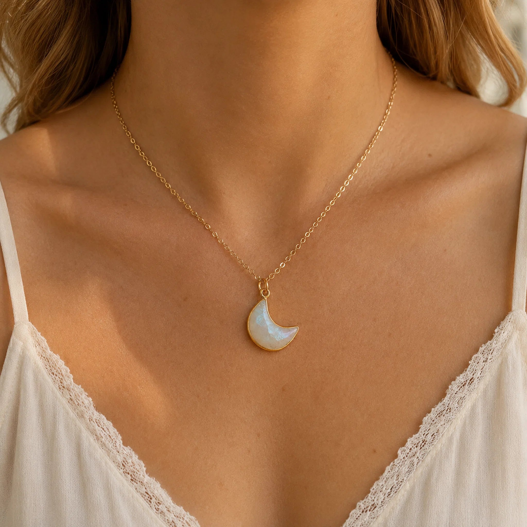woman wearing gold moonstone necklace with large crescent shaped moonstone pendant