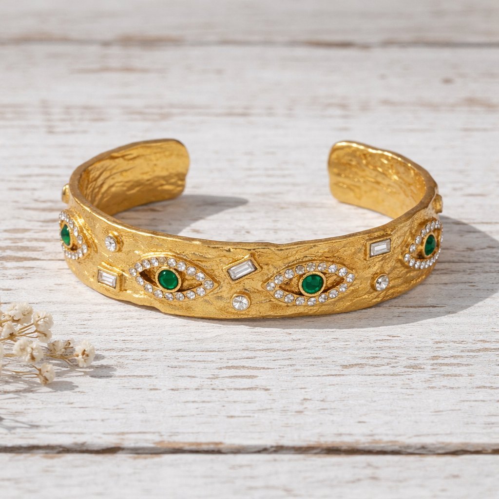 Gold evil eye cuff with malachite stones 