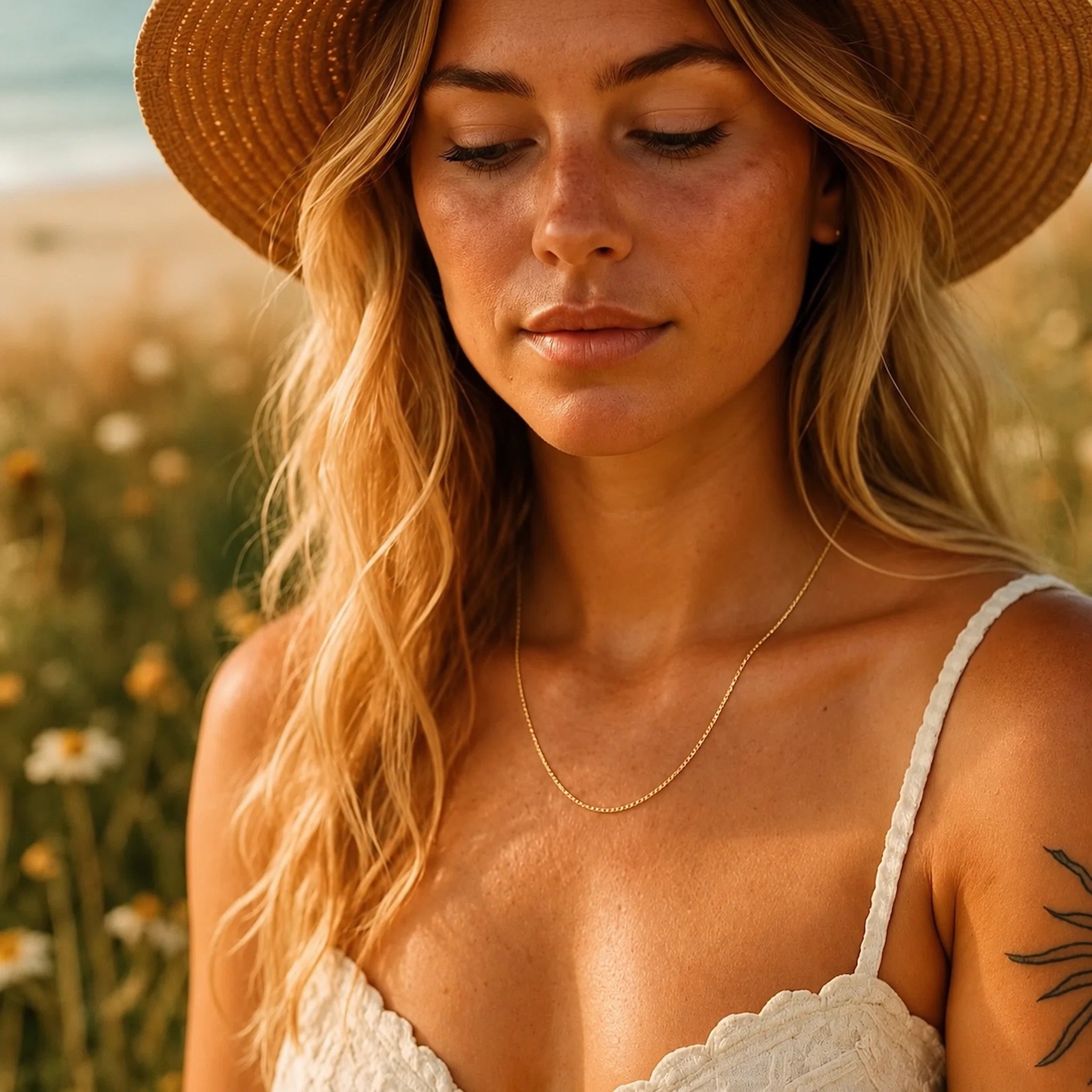 A close-up lifestyle shot of a woman with blonde hair wearing a wide-brimmed straw hat, a delicate gold chain necklace, and a white lace top, set against a blurred outdoor background of wildflowers and a beach.