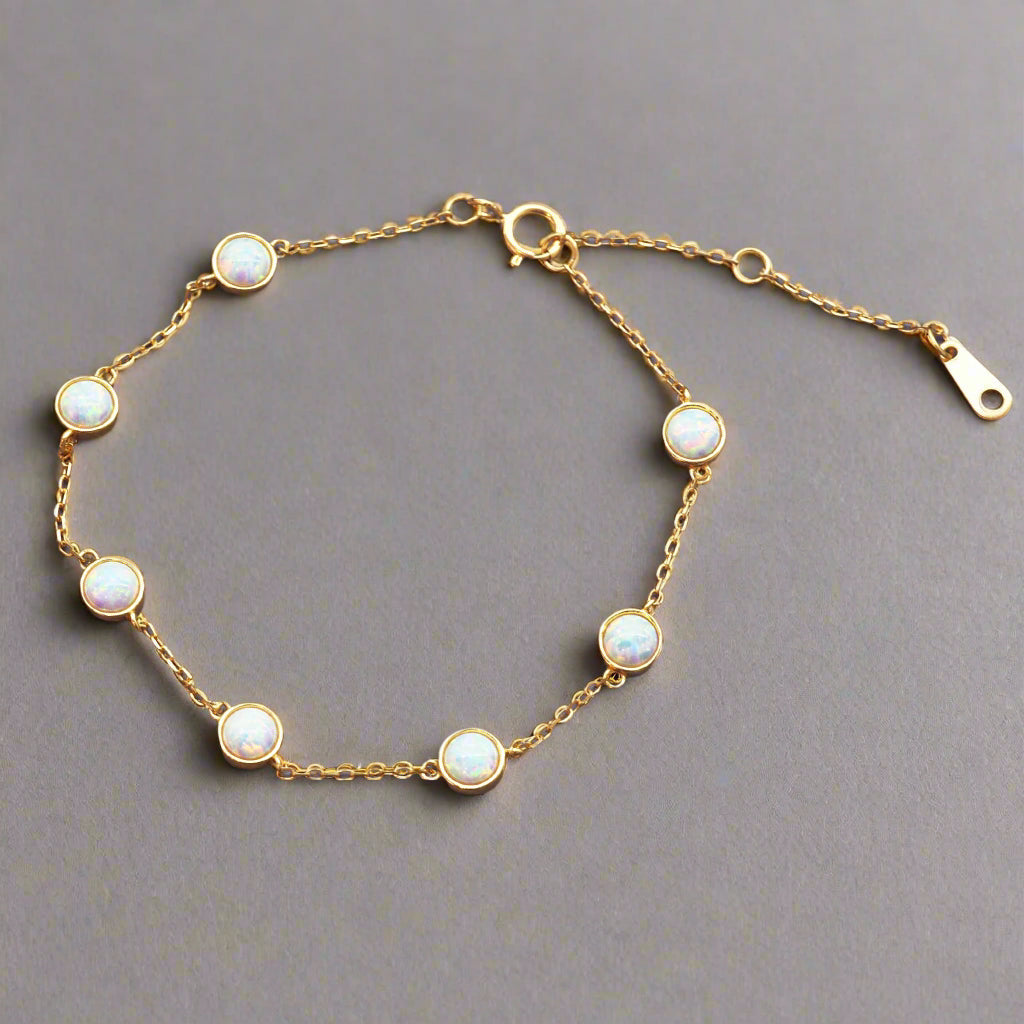 dainty gold bracelet made with sterling silver, gold plating and dainty opals - women's bracelets by online jewellery brand indie and harper
