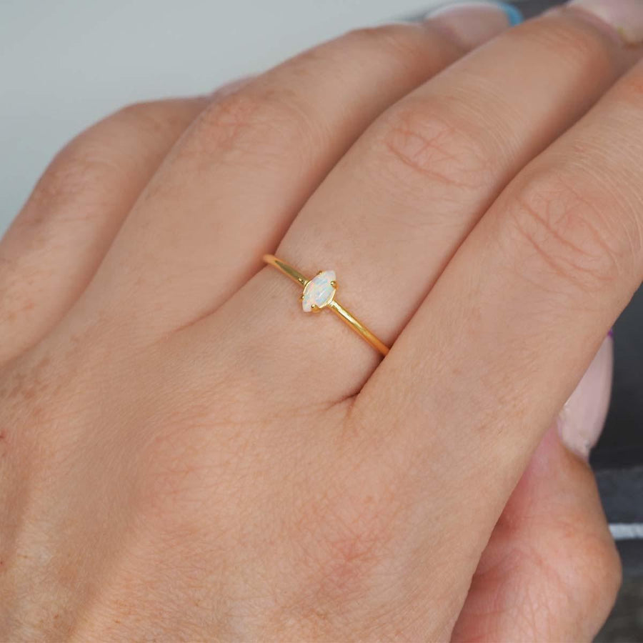 Gold Dainty Opal Ring being worn - womens gold opal jewellery by indie and harper