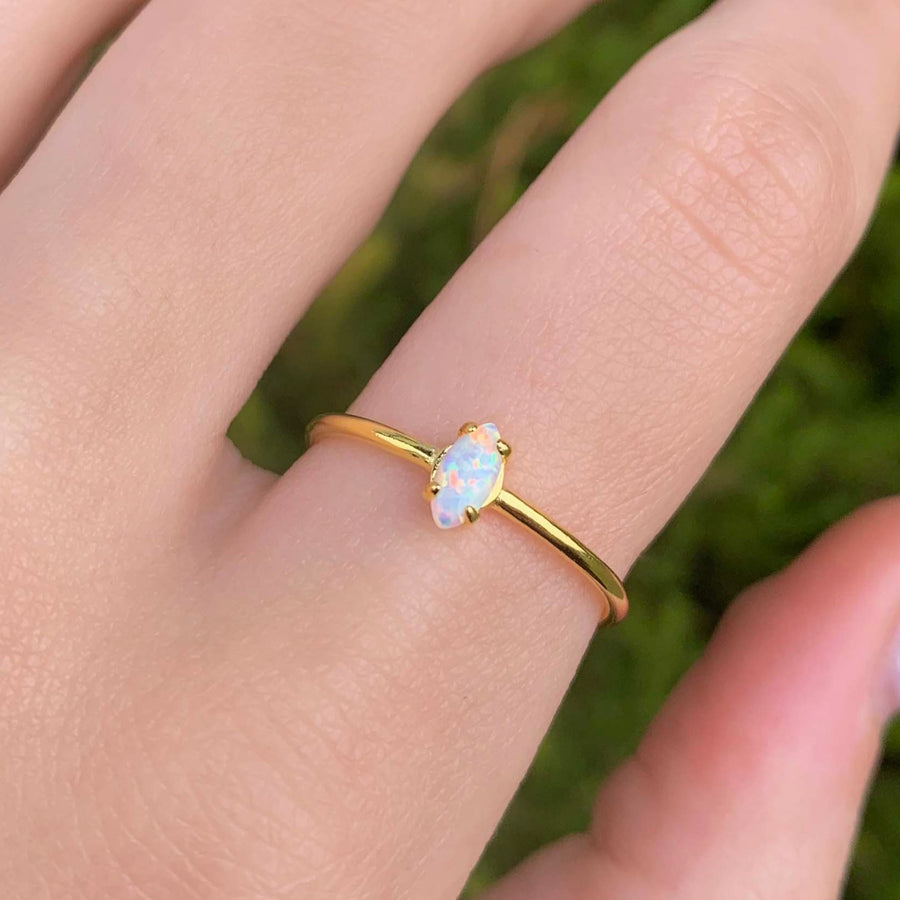 gold dainty opal ring - dainty gold jewellery for women with claw set opal - shop dainty stacking rings by indie and harper