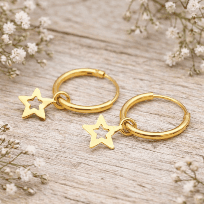 Dainty gold hoop earrings with star pendants 