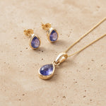 Gold December Birthstone Tanzanite Jewellery set with pear-shaped stud earrings and matching  necklace