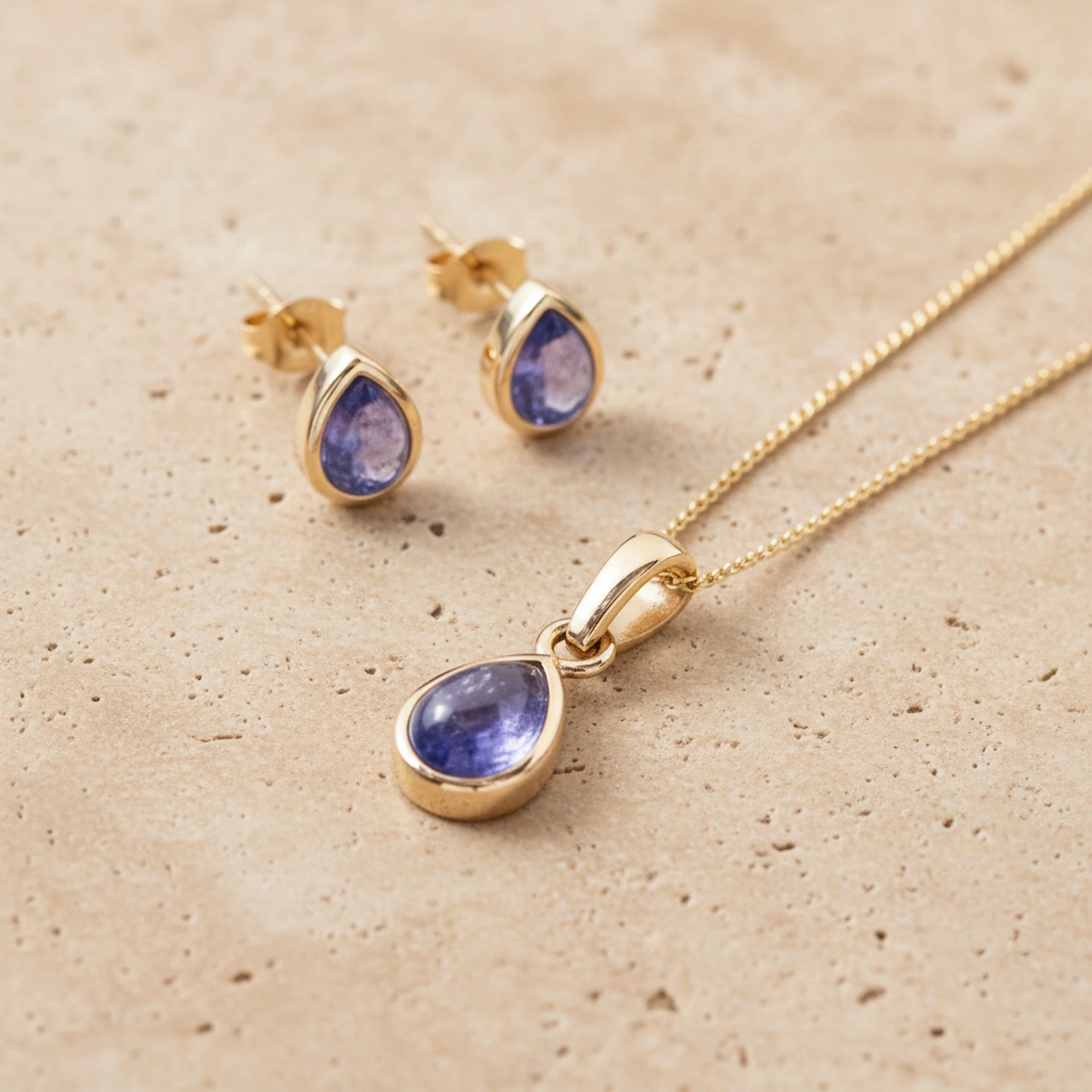 Gold December Birthstone Tanzanite Jewellery set with pear-shaped stud earrings and matching  necklace