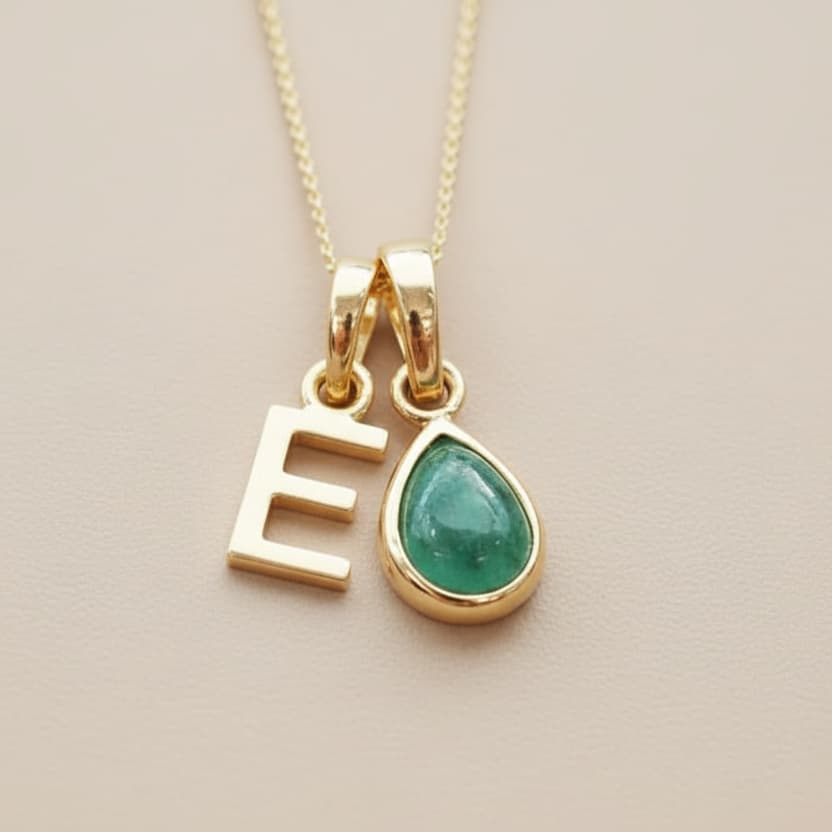 Gold Initial and May Birthstone Emerald Necklace