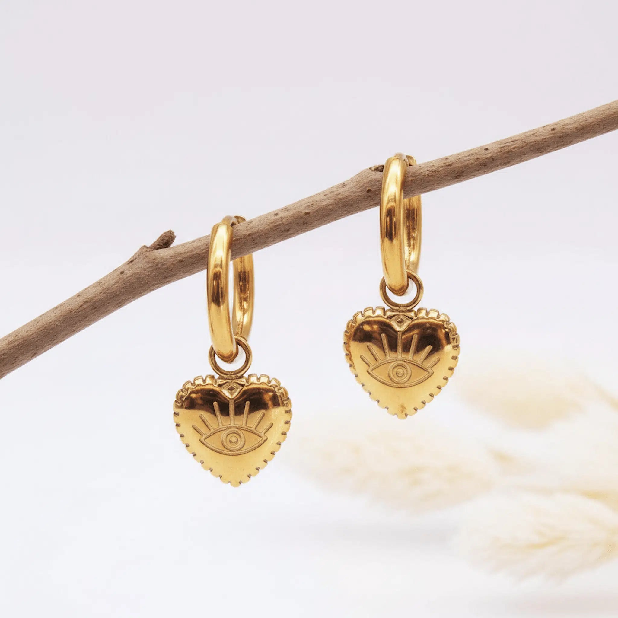 waterproof stainless steel gold evil eye heart charm huggie earrings hanging
