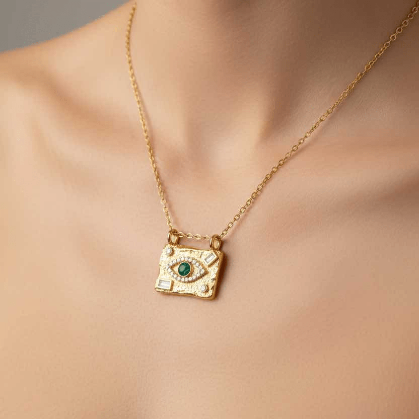 Gold necklace with an eye-shaped pendant on a blurred background