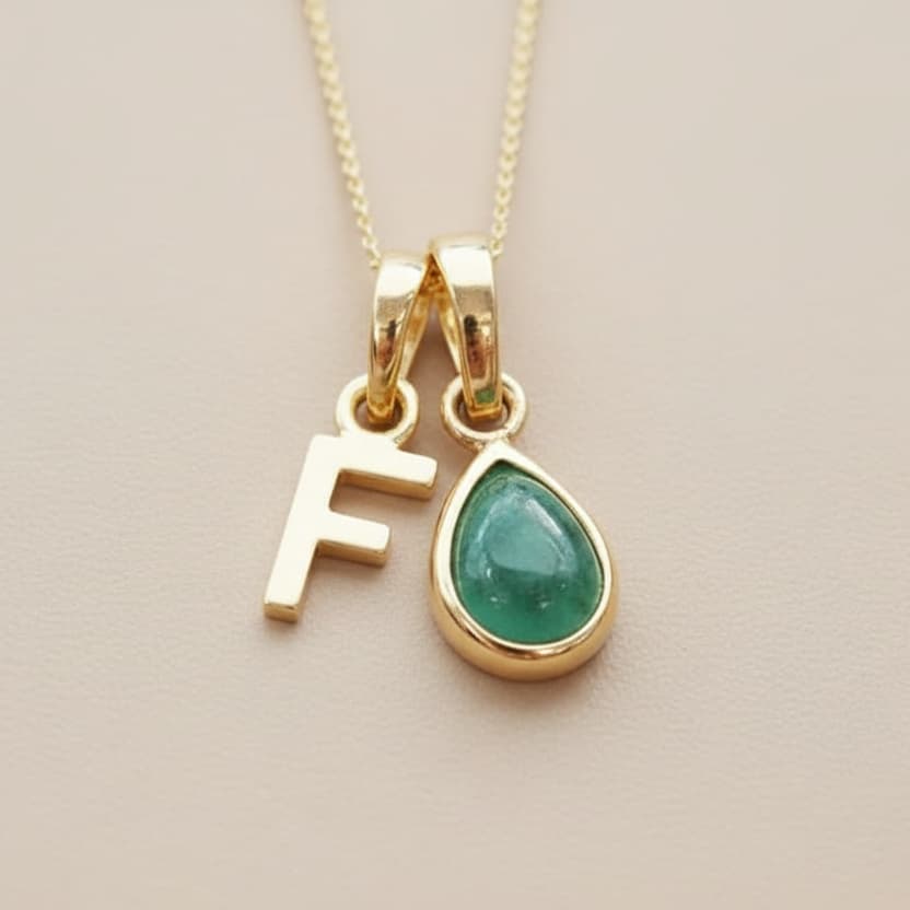 Gold Initial and May Birthstone Emerald Necklace