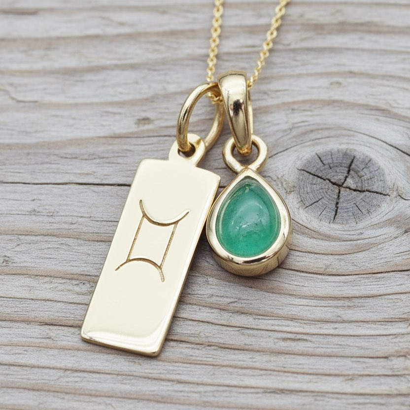 Gold necklace with a green emerald teardrop pendant and a rectangular Gemini zodiac on a wooden surface