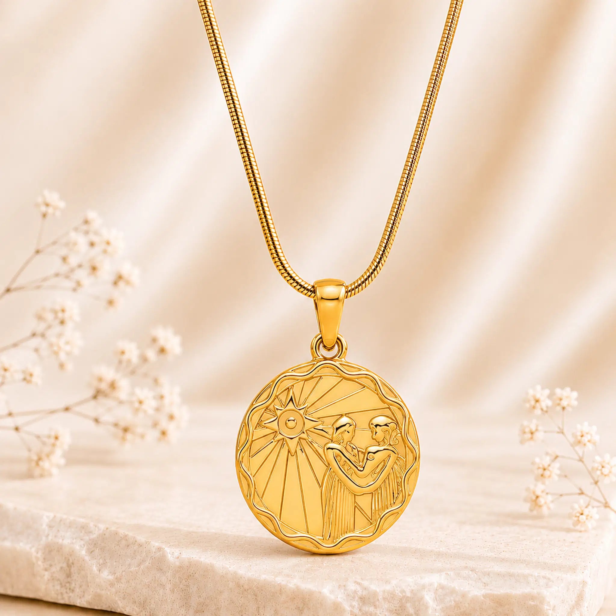 A gold pendant necklace featuring a gemini zodiac symbol, suspended from a gold chain against a soft beige satin background with small white flowers.