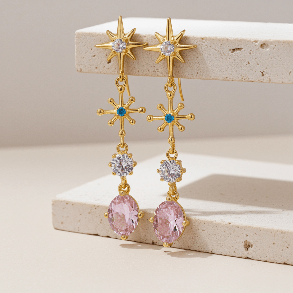 Gold star-shaped earrings with pink stones on a beige surface