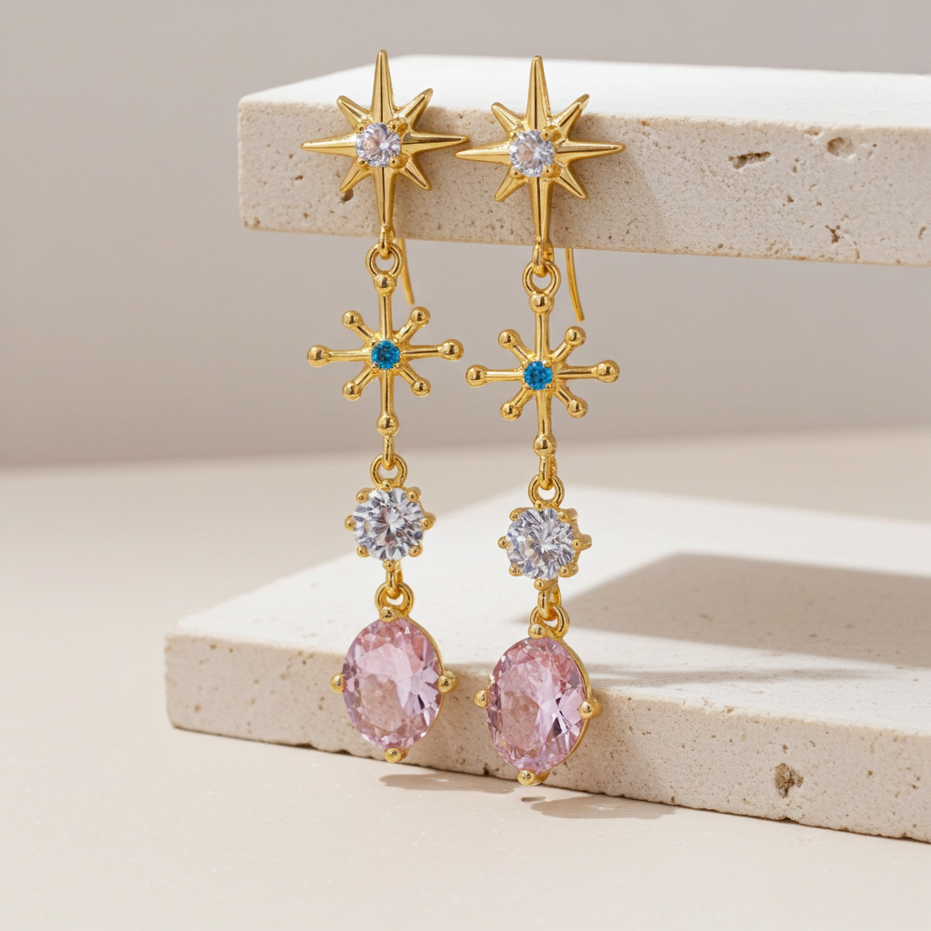 Gold star-shaped earrings with pink stones on a beige surface